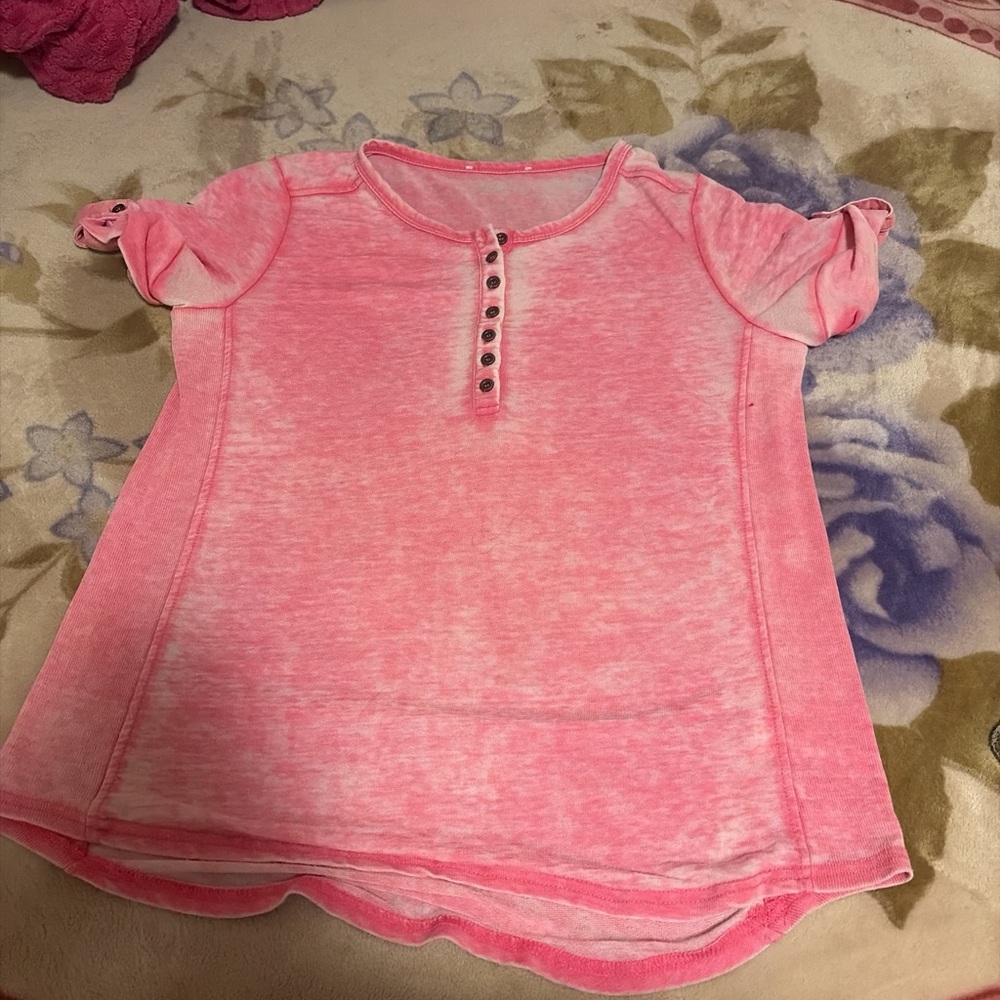 Girls Short-Sleeve Pink Henley Top with Button Placket
